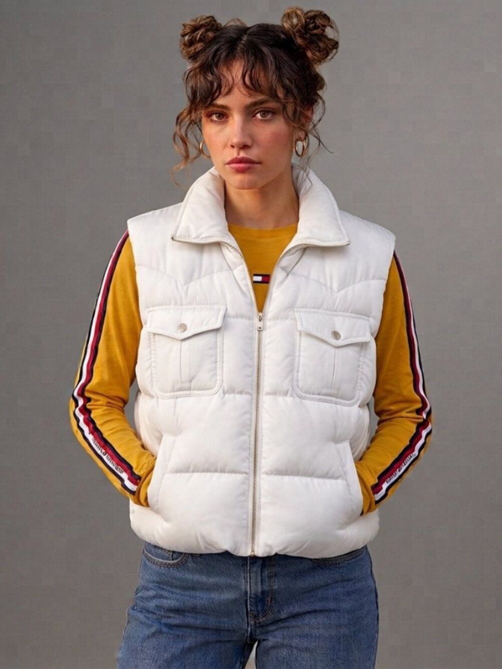 VTG 90s Y2K Tommy Hilfiger Jeans White Down Puffer Vest Women L Snap Front